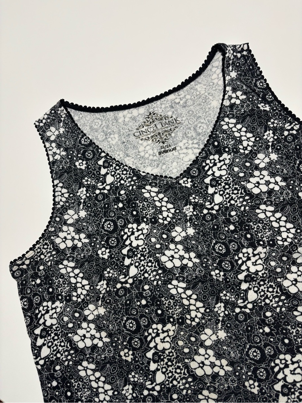 Avenue Black & White Micro Floral Print Cotton Ribbed Tank Top